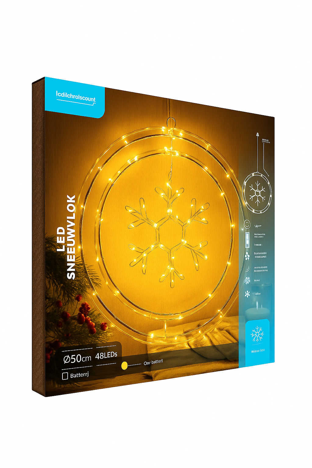 Lichtgevende Sneeuwvlok Wandkrans – Ø50 cm – 48 LED’s – Warm Wit – Draadloze Voeding