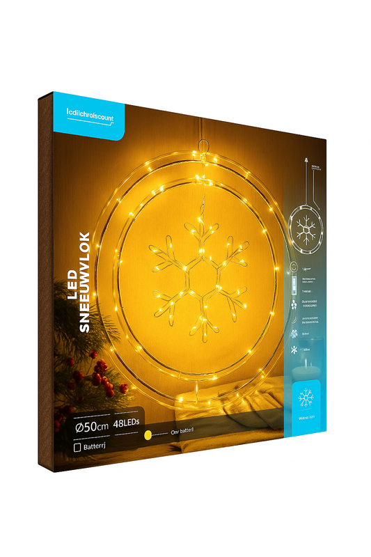 Lichtgevende Sneeuwvlok Wandkrans – Ø50 cm – 48 LED’s – Warm Wit – Draadloze Voeding