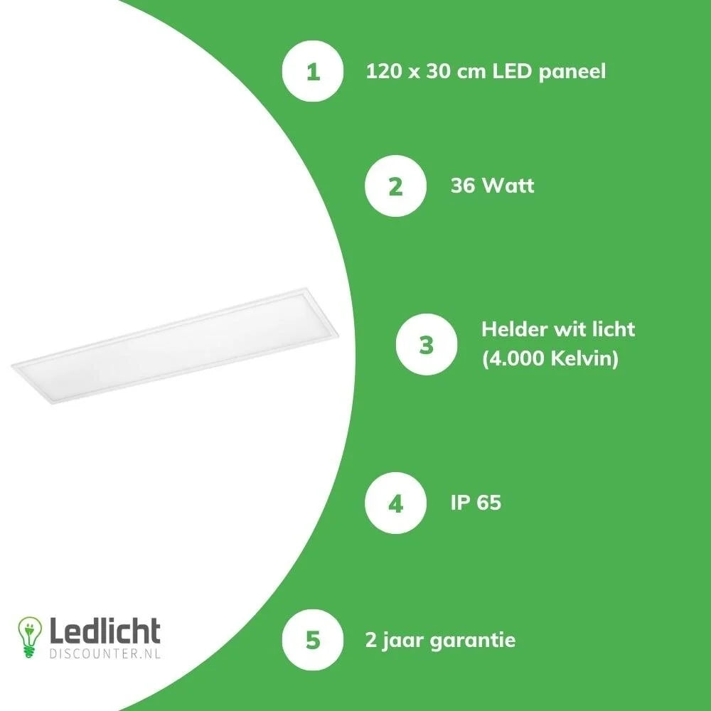 Professioneel Slimline LED Lichtpaneel 120x30 – IP65 – 36W – 4000K – Opaal UGR22