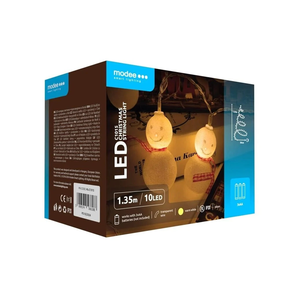 Sneeuwpop Kerstverlichting op Batterij – 1,35 Meter – 10 Warm LED Lampjes